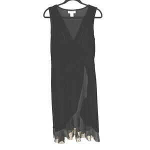 Vintage Black Velvet Whimsigoth Ruffle Witchy Formal Midi Dress Faux Wrap 10P